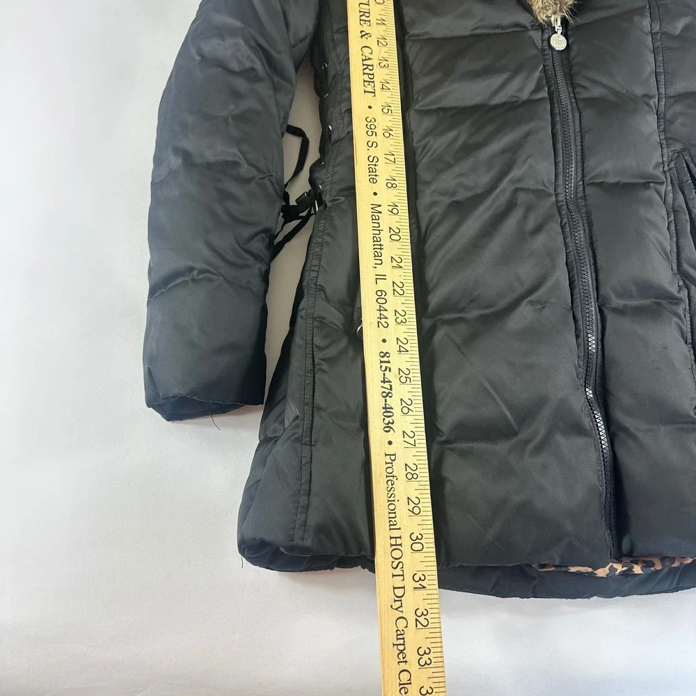 Betsey Johnson Youth Medium High Black Puffer Coat Faux Fur Hood Leopard‎ Lining